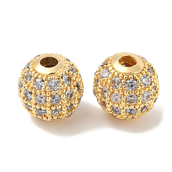 Brass Micro Pave Cubic Zirconia Beads, Round, Real 18K Gold Plated, 8.5x8mm, Hole: 1.8mm