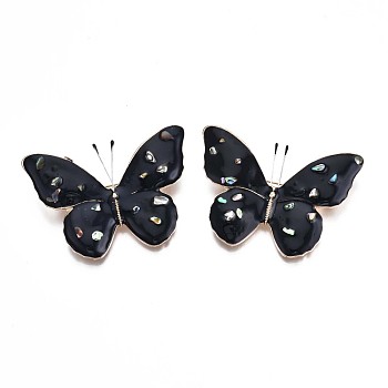 Butterfly Enamel Pin with Shell, Alloy Brooch for Backpack Clothes, Nickel Free & Lead Free, Light Golden, Black, 38x54.5mm