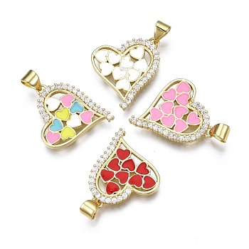 Brass Micro Pave Clear Cubic Zirconia Pendants, with Enamel and Brass Snap on Bails, Nickel Free, Real 18K Gold Plated, Heart, Mixed Color, 20x18.5x2mm, Hole: 3.5x5mm