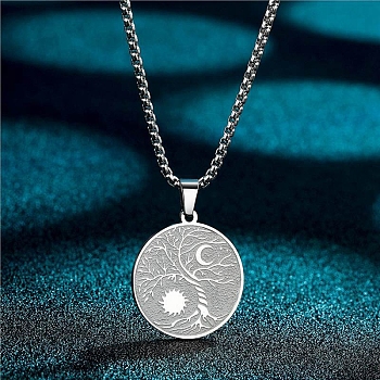 Stainless Steel Viking Moon Sun Tree of Life Flat Round Pendant Box Chain Necklaces, Stainless Steel Color, 23.62 inch(60cm)