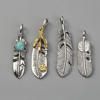 Alloy Big Pendants, with Synthetic Turquoise, Feather, Antique Silver & Antique Golden, 48~63x14~16x7~8mm, Hole: 7.5x4.5mm, 4pcs/set