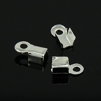 Iron Folding Crimp Ends, Fold Over Crimp Cord Ends, Silver Color Plated, 9x3.5x4mm, Hole: 2mm