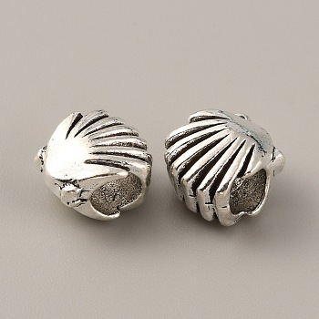 Tibetan Style Alloy European Beads, Large Hole Beads, Shell Shape, Antique Silver, 10.5x9x10.5mm, Hole: 5.5mm