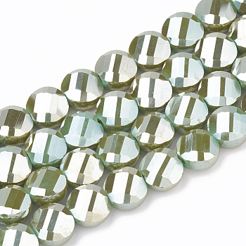 Electroplate Opaque Solid Color Glass Beads Strands, Faceted, Flat Round, Olive Drab, 7~8x8x5mm, Hole: 1.2mm, about 69~70pcs/strand, 20~21 inch