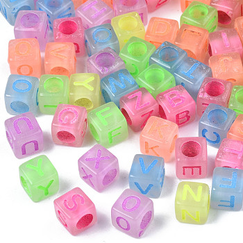 Luminous Transparent Acrylic Beads, Glow in the Dark, Cube with Letter, Mixed Color, 6x6x6mm, Hole: 3.5mm, about 2900~3000pcs/500g