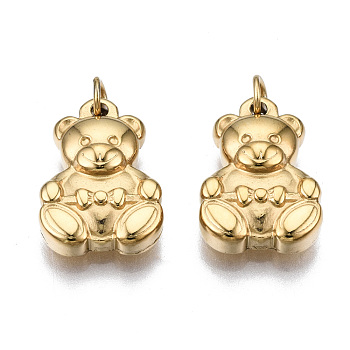 304 Stainless Steel Charms, with Jump Rings, Bear, Real 14K Gold Plated, 14.5x10x3.5mm, Jump Ring: 3.8x0.6mm, 2.6mm inner diameter