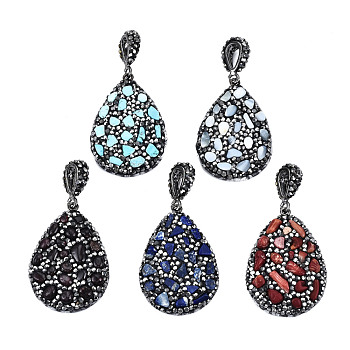 Polymer Clay Rhinestone Pendants, with Gemstone Chip/Natural Shell Chip and PU Leather, Teardrop, Gunmetal, 41~42x28~29x6~7mm, PP12(1.8~1.9mm), Hole: 9x5mm