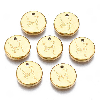 316 Surgical Stainless Steel Charms, Flat Round with Constellation, Real 14K Gold Plated, Sagittarius, 10x2mm, Hole: 1mm