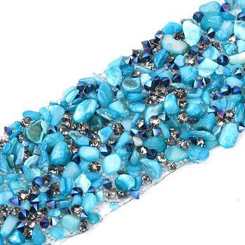 Hotfix Rhinestone, with Shell Beads and Rhinestone Trimming, Crystal Glass Sewing Trim Rhinestone Tape, Costume Accessories, Sky Blue, 35mm