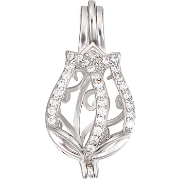 1Pc Rhodium Plated 925 Sterling Silver Empty Bead Cage Pendants, with Cubic Zirconia, Platinum, Flower, 24.5x12.5x10mm, Hole: 4x2.5mm