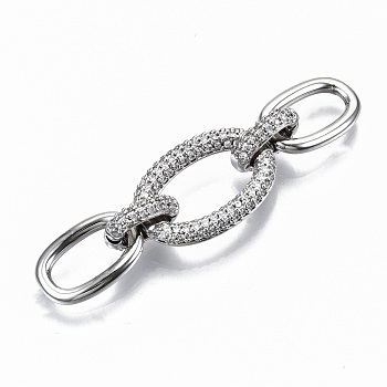 Brass Micro Pave Clear Cubic Zirconia Links Connectors, Cadmium Free & Nickel Free & Lead Free, Oval, Real Platinum Plated, 45mm