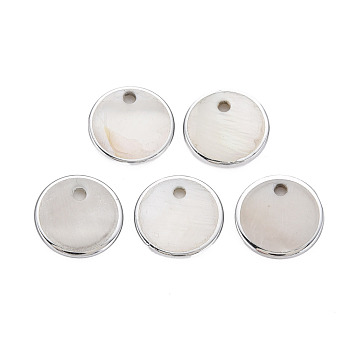 Natural Freshwater Shell Charms, with UV Plated, Flat Round, Platinum, 15x1.5mm, Hole: 2mm