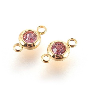 304 Stainless Steel Rhinestone Links connectors, Flat Round, Golden, Light Rose, 12x6.5x4mm, Hole: 2mm