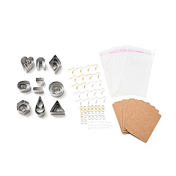 430 Stainless Steel Clay Earring Cutters Set, Iron Earring Hook and Jump Ring, Paper Card, Ear Nuts, Self-Adhesive Bag, Bakeware Tools, DIY Clay Accessories, Mixed Shape, Heart/Flat Round/Hexagon, Golden & Stainless Steel Color, Clay Cutters: 15.5~54x10~38x20mm