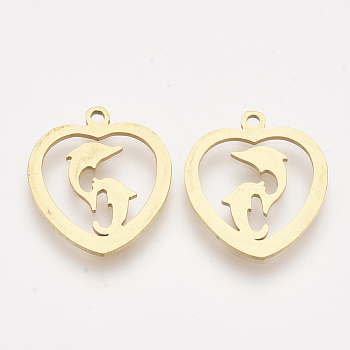 201 Stainless Steel Pendants, Laser Cut Pendants, Heart with Double Dolphin, Golden, 17.5x15.5x1mm, Hole: 1.4mm