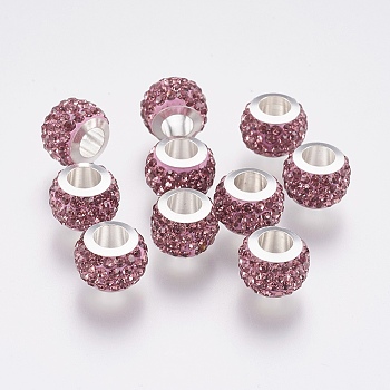 304 Stainless Steel European Beads, with Polymer Clay Rhinestone, Large Hole Beads, Rondelle, Light Amethyst, 11x7.5mm, Hole: 5mm