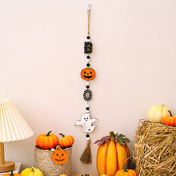 Halloween Wood Bead Tassel Tree Ornaments, Pumpkin Ghost Bead Wall Hanging Garland for Home Party Decorations, Ghost, 590x30mm