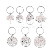 Natural Rose Quartz Chip & Alloy Tree of Life Pendant Keychain, with Iron Split Key Rings, 5.9~6.8cm(KEYC-JKC00648-05)