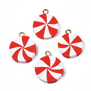 Handmade Polymer Clay Pendants, with Light Gold Iron Loop, Flat Round, Red, 19.5~20.5x15.5~16.5x3.5~4mm, Hole: 2mm(CLAY-N010-054B)