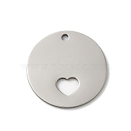 201 Stainless Steel Pendants, Stainless Steel Color, Laser Cut, Flat Round Charm, Heart, 18x1mm, Hole: 1.5mm(STAS-E206-02P-02)