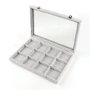 Velvet and Wood Display Boxes, with Glass, 12 Grids with Lid Jewelry Display Boxes, Rectangle, Gray, 24x35x4.5cm(ODIS-R003-11)