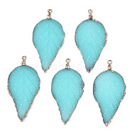 Electroplate Druzy Resin Big Pendants, with Iron Findings, Leaf, Light Gold, Turquoise, 56~57x27~28x3mm, Hole: 1.6mm(RESI-S366-22Q)