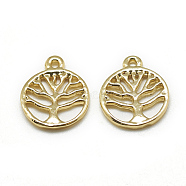 Brass Charms, Flat Round with Tree of Life, Real 18K Gold Plated, 14x12x1.5mm, Hole: 1mm(KK-T032-135G)