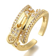 Rack Plating Zipper Shape Brass Clear Cubic Zirconia Open Cuff Rings, Cadmium Free & Lead Free, Long-Lasting Plated, for Women, Real 18K Gold Plated, 9mm(RJEW-S411-24G)