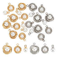DICOSMETIC 24Pcs 3 Style 2 Color 304 Stainless Steel Pendants, with White Plastic Imitation Pearl Beads, Round, Golden & Stainless Steel Color, 9~14x9~12x3~7mm, hole: 1.5~1.8mm, 4pcs/style(STAS-DC0005-55)