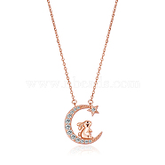 Chinese Zodiac Necklace Rabbit Necklace 925 Sterling Silver Rose Gold Bunny on the Moon Pendant Charm Necklace Zircon Moon and Star Necklace Cute Animal Jewelry Gifts for Women, Rabbit, 15 inch(38cm)(JN1090D)