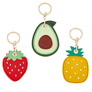 3Pcs 3 Styles Fruit Style Cute PU Leather Protective Case Holder for Access Card Keychain, for Keychain, Purse, Backpack Ornament, Avocado & Strawberry & Pineapple Pattern, Mixed Color, 11.7~12.7cm, 1pc/style(KEYC-HY0001-11)