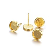 304 Stainless Steel Stud Earring Findings, Flat Round, Golden, Tray: 12mm, 13x14mm, Pin: 0.8mm(X-STAS-P210-46G-03)