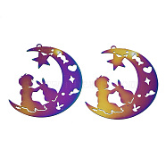 Ion Plating(IP) 201 Stainless Steel Filigree Pendants, Etched Metal Embellishments, Moon with Star & Rabbit & Boy, Rainbow Color, 39x32x0.3mm, Hole: 1mm(STAS-S118-012)