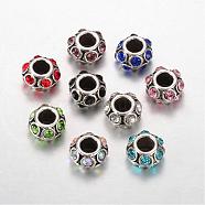 Rondelle Tibetan Style Alloy Rhinestone European Large Hole Beads, Mixed Color, 11x7mm, Hole: 4.5mm(MPDL-F017-12)