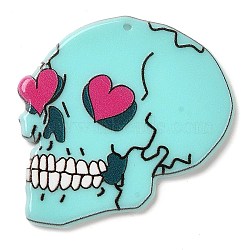 Halloween Theme Double-sided Printed Acrylic Pendants, Skull with Heart, Red, 36x35x2.5mm, Hole: 1.4mm(MACR-D035-01B)