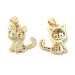 Brass Micro Pave Cubic Zirconia Pendants, Cat Shape Charms, Real 16K Gold Plated, 18x15.5x3mm, Hole: 5mm(ZIRC-L103-021G)