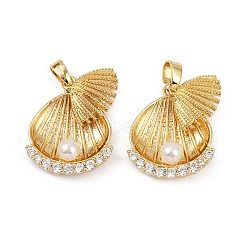 Brass Micro Pave Cubic Zirconia Pendants, Cadmium Free & Lead Free, Shell Shape, with ABS Plastic Imitation Pearl, Real 18K Gold Plated, 19x16.5x5.5mm, Hole: 2.7x2.5mm(KK-C093-06G)
