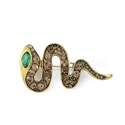 Alloy Rhinestone Snake Brooches, for Women Unisex, Green, Antique Golden, 45.5x24.5mm(JEWB-H028-01AG)