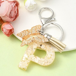 Resin & Acrylic Keychain, with Faux Suede Tassel Pendant & Alloy Findings, Letter P, 9.5cm(KEYC-YW00121-16)