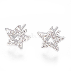 Brass Stud Earring Findings, with Cubic Zirconia and Loop, Star, Clear, Platinum, 10.5x10mm, Hole: 1.2mm, Pin: 0.8mm(ZIRC-O034-17P)
