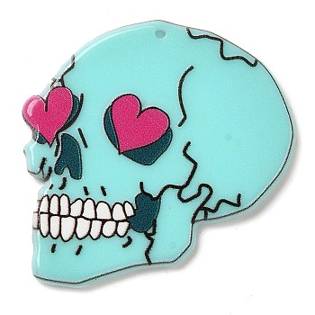 Halloween Theme Double-sided Printed Acrylic Pendants, Skull with Heart, Red, 36x35x2.5mm, Hole: 1.4mm