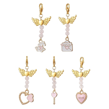 Valentine's Day Alloy Enamel Pendant Decoraton, Natural Rose Quartz Bead & Lobster Claw Clasps Charms, for Backpack Keychain Ornaments, Pink, 49~52mm, 5pcs/set