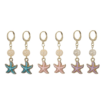 Starfish Synthetic Crackle Quartz Hoop Earrings, Alloy Dangle Earrings for Women, Mixed Color, 47mm, 3pair/set.