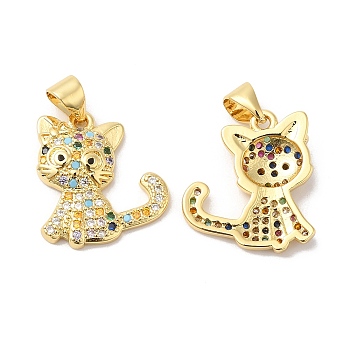 Brass Micro Pave Cubic Zirconia Pendants, Cat Shape Charms, Real 16K Gold Plated, 18x15.5x3mm, Hole: 5mm
