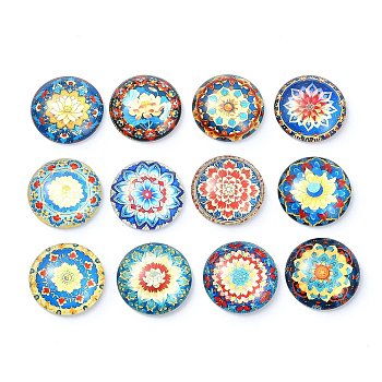 12Pcs Glass Cabochons, Round with Flower, Mixed Color, 25x25x7mm