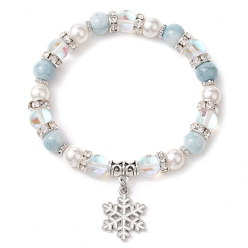 8mm Round Synthetic Moonstone & Shell Pearl Beaded Stretch Bracelets, Christmas Snowflake Brass Charm Bracelets for Women, Inner Diameter: 2-1/8 inch(5.5cm)