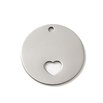 201 Stainless Steel Pendants, Stainless Steel Color, Laser Cut, Flat Round Charm, Heart, 18x1mm, Hole: 1.5mm