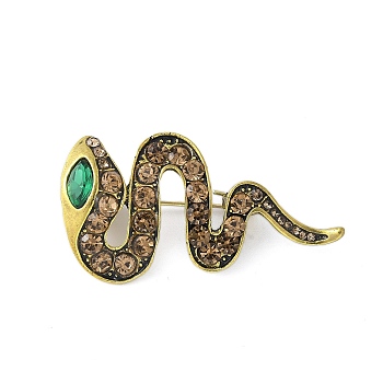 Alloy Rhinestone Snake Brooches, for Women Unisex, Green, Antique Golden, 45.5x24.5mm