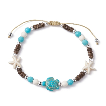 Starfish & Tortoise Synthetic Turquoise Braided Bead Anklets, Nylon Cord Adjustable Bracelets, Turquoise, Inner Diameter: 2-7/8~3-7/8 inch(7.3~9.7cm)