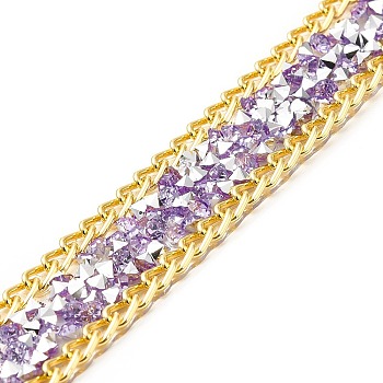Hotfix Rhinestone Trimming, Resin Rhinestone, with Golden Brass Curb Chain Edge, Hot Melt Adhesive on the Back, Costume Accessories, Violet, 17x2mm